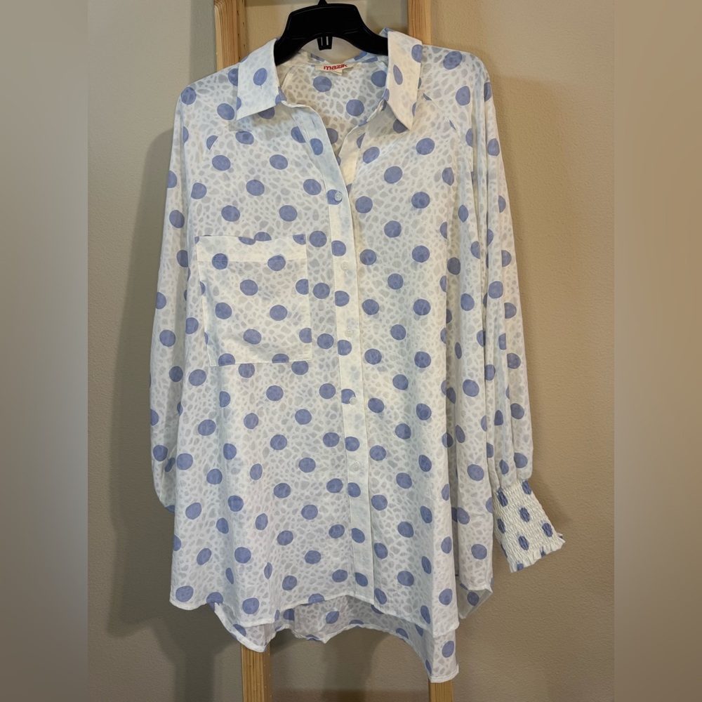 Mazik White Button-Down Blouse with Light Blue Polka Dots